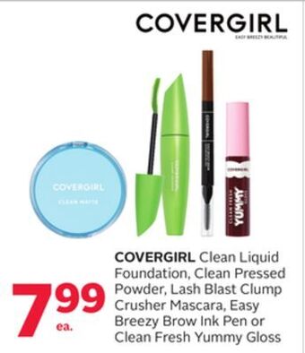 Rexall Covergirl clean liquid foundation, clean pressed powder, lash blast clump crusher mascara, easy breezy brow ink pen or clean offer