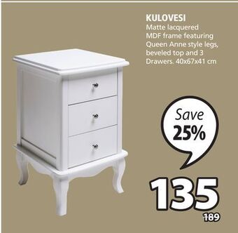 JYSK Kulovesi matte lacquered mdf frame featuring queen anne style legs, beveled top and 3 drawers offer