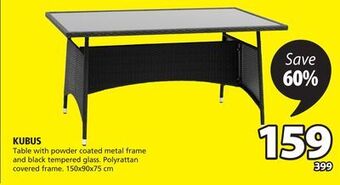 JYSK Kubus table with powder coated metal frame and black tempered glass offer