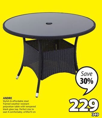 JYSK Andre stylish & affordable steel framed weather resistant polyrattan table with tempered black glass top offer
