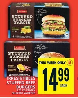 Food Basics IRRESISTIBLES STUFFED BEEF BURGERS 1.02 KG offer