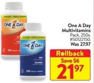Walmart One A Day Multivitamins Pack. 250s. offer