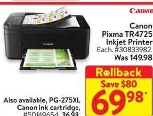 Walmart Canon Pixma TR4725 Inkjet Printer offer