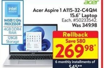 Walmart Acer Aspire 1 A115-32-C4QM 15.6" Laptop offer