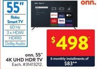 Walmart onn. 55" 4K UHD HDR TV offer