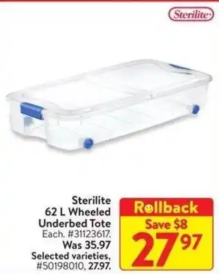 Walmart Sterilite 62 L Wheeled Rollback Underbed Tote Each offer