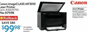 Walmart Canon imageCLASS MF3010 Laser Printer offer