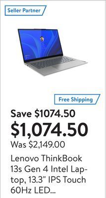 Walmart Lenovo thinkbook 13s gen 4 intel laptop, 13.3 ips touch 60hz led backlight, i5-1240p, iris xe, 8gb, 256gb, win 11 pro, one yr offer