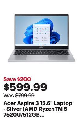 Best Buy Acer aspire 3 15.6 laptop - silver (amd ryzentm 5 7520u/512gb ssd/16gb ram/windows 11 home) offer