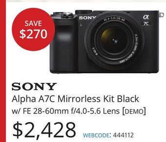 Vistek Sony alpha a7c mirrorless kit black w/ fe 28-60mm f/4.0-5.6 lens [demo] offer