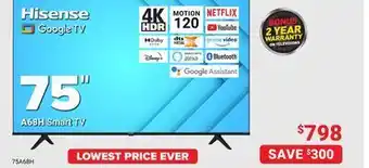 Visions Electronics Hisense a68h 75 smart tv offer