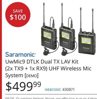 Vistek Saramonic uwmic9 dtlk dual tx lav kit uhf system offer