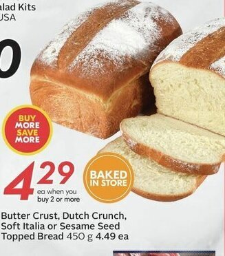 Sobeys Butter Crust, Dutch Crunch, Soft Italia or Sesame Seed Topped Bread 450 g offer