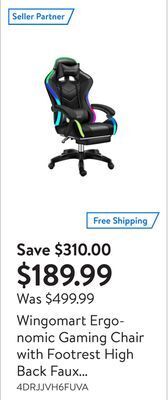 Walmart Wingomart ergonomic gaming chair with footrest high back faux leather gaming chair with rgb led light and adjustable armrest offer