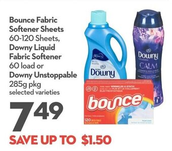 Longo's Bounce Fabric Softener Sheets 60-120 Sheets, Downy Liquid Fabric Softener 60 load or Downy Unstoppable 285g pkg offer