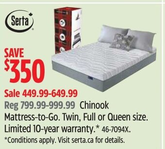 Canadian Tire Chinook Mattress-to-Go. Twin, Full or Queen size offer