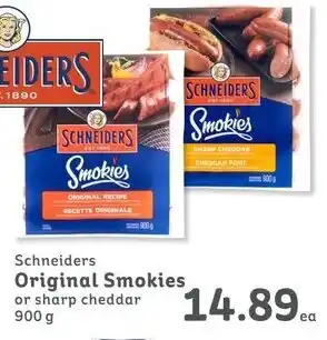 IGA Schneiders Original Smokies or sharp cheddar 900 g offer