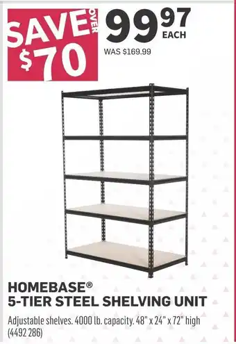 Co-op HOMEBASEⓇ 5-TIER STEEL SHELVING UNIT Adjustable shelves. 4000 lb. capacity. 48" x 24" x 72" high. offer