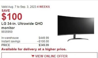 Costco LG 34-in. Ultrawide QHD monitor offer