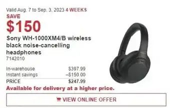Costco Sony WH-1000XM4/B wireless black noise-cancelling headphones offer