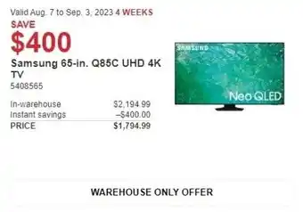 Costco Samsung 65-in. Q85C UHD 4K TV offer