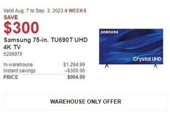Costco Samsung 75-in. TU690T UHD 4K TV offer