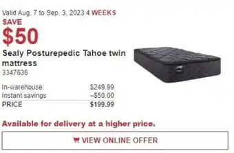 Costco Sealy Posturepedic Tahoe twin mattress offer