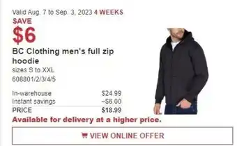 Costco BC Clothing men's full zip hoodie sizes S to XXL offer