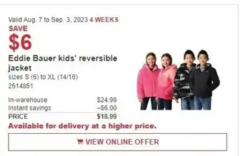 Costco Eddie Bauer kids' reversible jacket offer