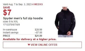 Costco Spyder men's full zip hoodie offer