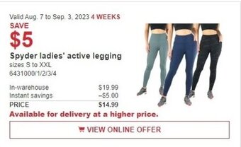 Costco Spyder ladies' active legging sizes S to XXL offer