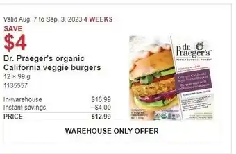 Costco Dr. Praeger's organic California veggie burgers 12 x 99g offer