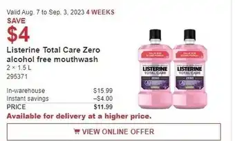 Costco Listerine Total Care Zero alcohol free mouthwash 2 x 1.5 L offer