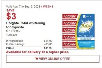 Costco Colgate Total whitening toothpaste 5 x 170ml offer