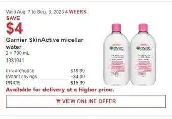 Costco Garnier SkinActive micellar water 2 x 700mL offer