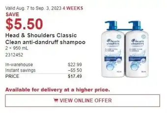 Costco Head & Shoulders Classic Clean anti-dandruff shampoo 2 x 950 mL offer