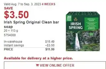 Costco Irish Spring Original Clean bar soap 20 x 113g offer