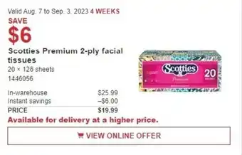Costco Scotties Premium 2-ply facial tissues 20 x 126 sheets offer