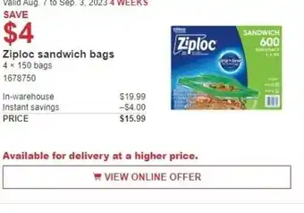 Costco Ziploc sandwich bags 4 x 150 bags offer