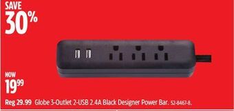 Canadian Tire Globe 3-outlet 2-usb 2.4a black designer power bar offer