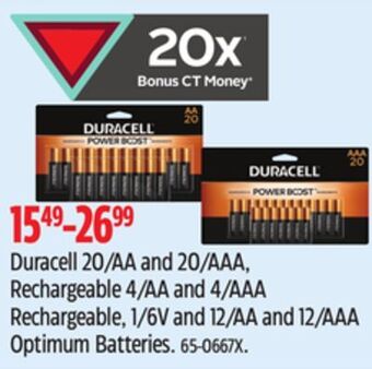 Canadian Tire Duracell 20/aa and 20/aaa, rechargeable 4/aa and 4/aaa rechargeable, 1/6v and 12/aa and 12/aaa optimum batteries offer