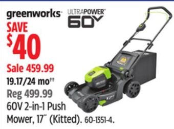 Canadian Tire Greenworks 60v 2-in-1 push mower, 17˝ (kitted) offer
