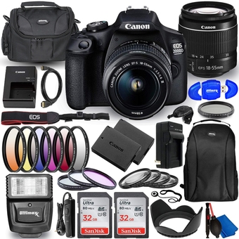 Best Buy Canon eos 2000d (rebel t7) dslr camera with ef-s 18-55mm f/3.5-5.6 dc iii lens - deluxe bundle includes: dual ultra 32gb (64g offer