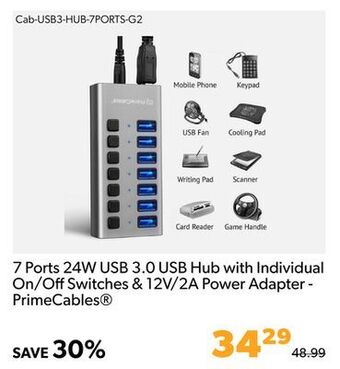 Shopper+ 7 ports 24w usb 3.0 usb hub with individual on/off switches & 12v/2a power adapter - primecables offer