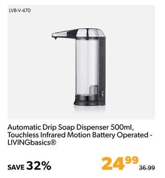 Shopper+ Automatic drip soap dispenser 500ml, touchless infrared motion battery operated - livingbasics offer