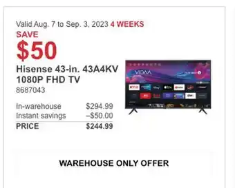 Costco Hisense 43-in. 43a4kv 1080p fhd tv offer