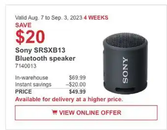 Costco Sony srsxb 13 bluetooth speaker offer