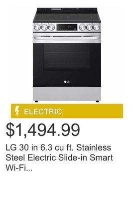 Costco Lg 30 in 6.3 cu ft. stainless steel electric slide-in smart wi-fi enabled fan convection range with air fry offer