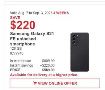 Costco Samsung galaxy s21 fe unlocked smartphone offer