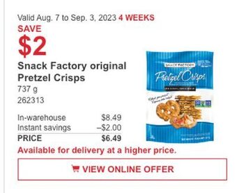 Costco Snack factory original pretzel crisps offer